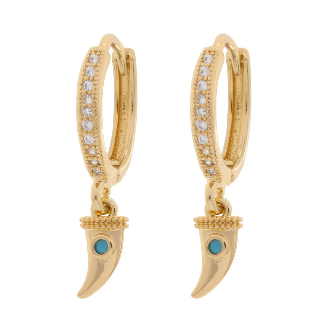 Bowyn - Small Horn with Blue Stone Hoop Earrings